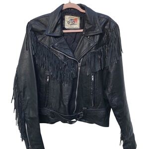 Vintage Black Leather moto Jacket with Fringe